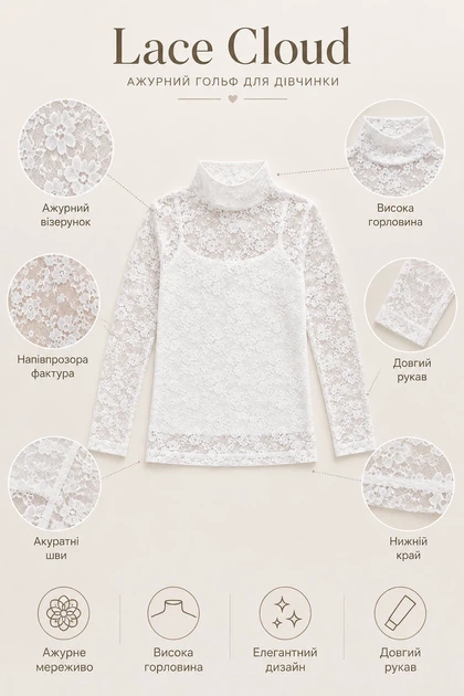 Гольф для дівчинки Lace Cloud Kiddo білий 140 см - Фото 3 Гольф для дівчинки Lace Cloud Kiddo білий 140 см - зображення 3