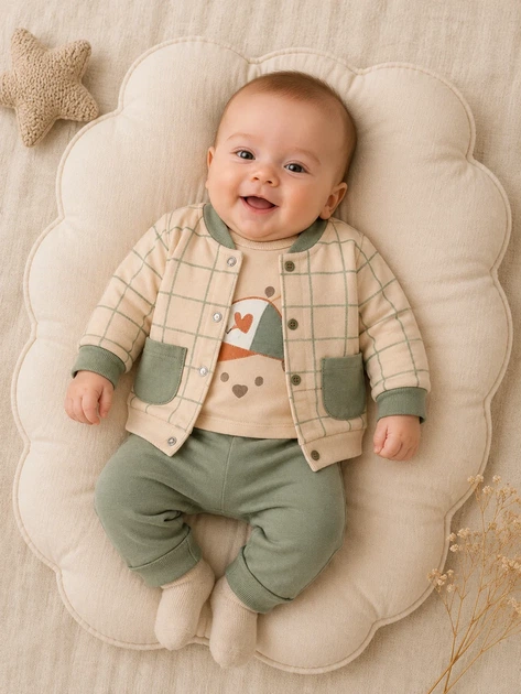 Костюм детский 3 в 1 в клетку Kiddo оливковый 74 см - Фото 1 Костюм детский 3 в 1 в клетку Kiddo оливковый 74 см - изображение 1