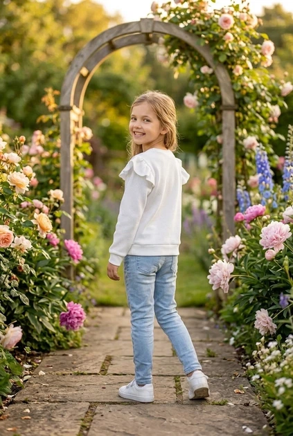 Кофта белая с рюшами на плечах и принтом девочки с котенком Kiddo белый 122 см - изображение 2