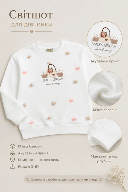 Свитшот с принтом «Цветочные корзины» Kiddo белый 104 см - Фото 3 Свитшот с принтом «Цветочные корзины» Kiddo белый 104 см - изображение 3