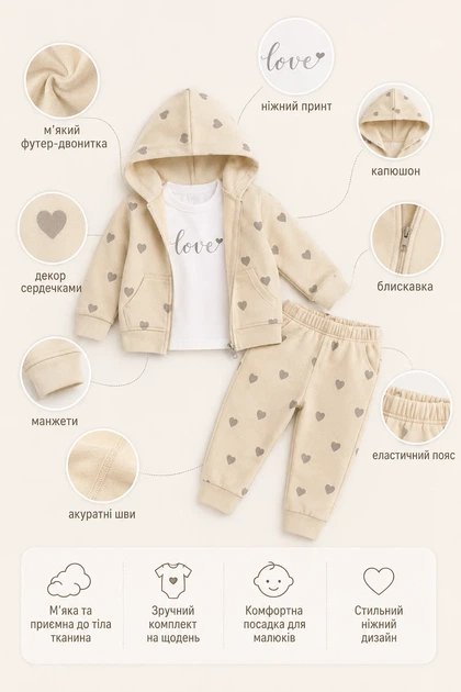 Комплект тройка Sweet Hearts Kiddo бежевый 80 см - Фото 3 Комплект тройка Sweet Hearts Kiddo бежевый 80 см - изображение 3