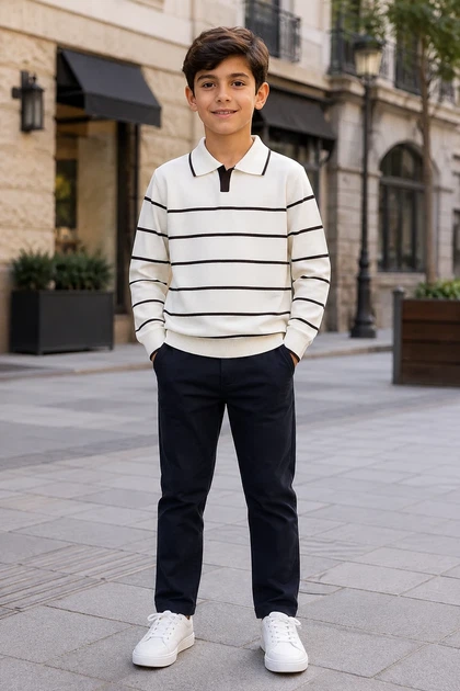 Вязаное поло в полоску Stripe Style Kiddo молочный 176 см - Фото 1 Вязаное поло в полоску Stripe Style Kiddo молочный 176 см - изображение 1