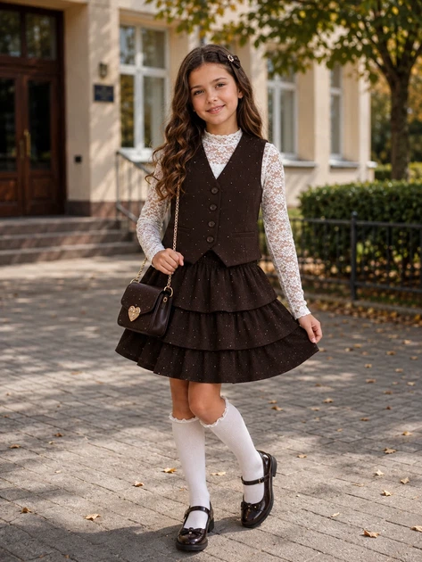 Костюм для девочки «Shine School» Kiddo шоколадный 134 см - Фото 1 Костюм для девочки «Shine School» Kiddo шоколадный 134 см - изображение 1