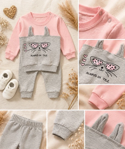 Костюм с котиком в очках "Always in style" Kiddo розовый 68 см - изображение 2