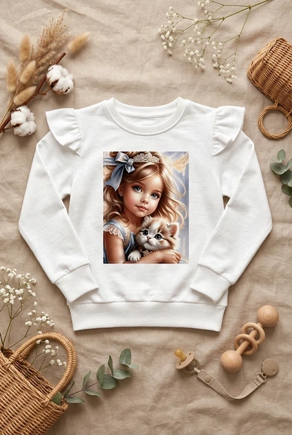 Кофта 'Девочка с котенком' с рюшами на плечах Kiddo белый 134 см - изображение 3