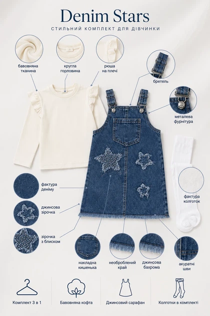 Комплект-тройка для девочки «Denim Stars» с сарафаном Kiddo молочный 116 см - изображение 3