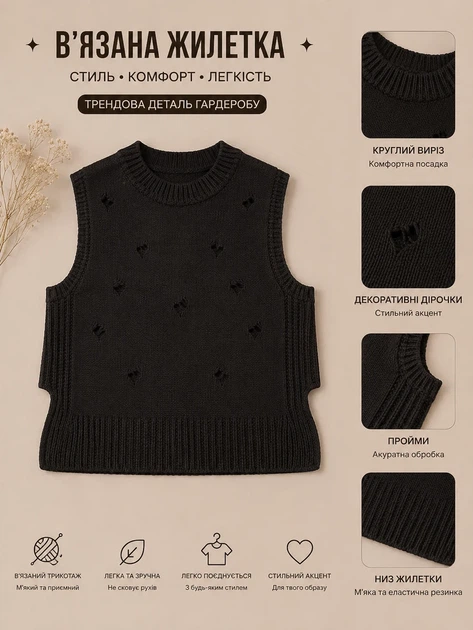 Жилетка вязаная Mini Style с дырочками Kiddo черный 98 см - изображение 3