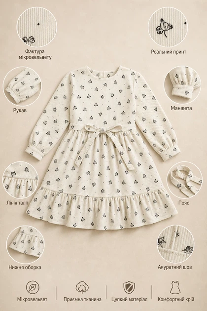 Платье из микровельвета Little Rose Kiddo светлый бежевый 110 см - Фото 3 Платье из микровельвета Little Rose Kiddo светлый бежевый 110 см - изображение 3