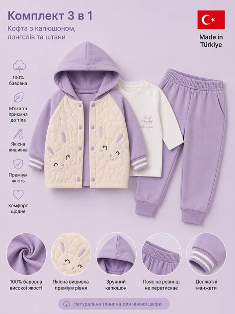 Комплект-тройка “Little Bunny” Kiddo лавандово-фиолетовый 74 см - изображение 3