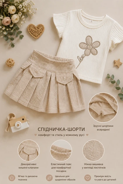 Комплект “Квіткова ніжність” футболка + юбочка-шорты Kiddo бежевый 104 см - изображение 3