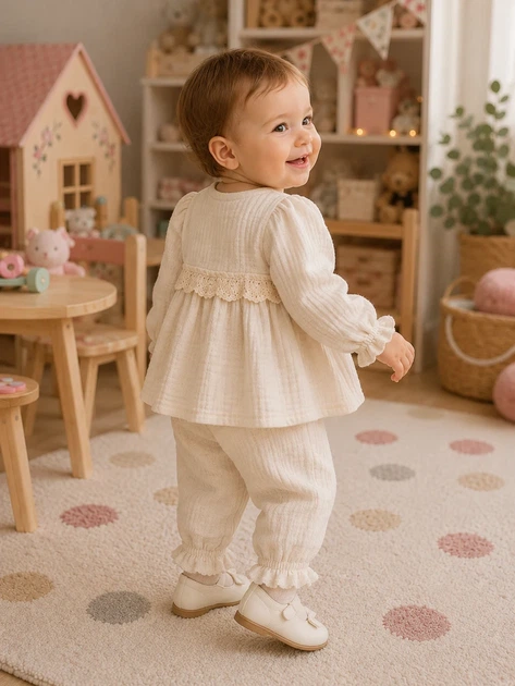 Комплект для девочки «Linen Dream» – блуза и штанишки Kiddo молочный 80 см - изображение 2