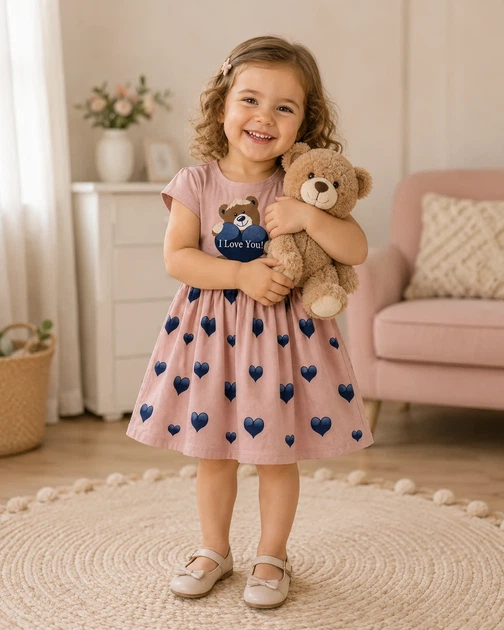 Платье с мишкой и сердечками "I Love You" Kiddo пудровый 98 см - Фото 1 Платье с мишкой и сердечками "I Love You" Kiddo пудровый 98 см - изображение 1