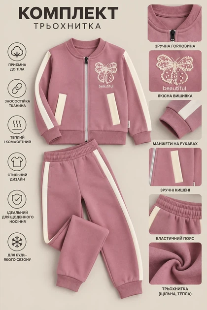 Костюм-двойка теплый с бантиком Kiddo розовый 92 см - Фото 3 Костюм-двойка теплый с бантиком Kiddo розовый 92 см - изображение 3
