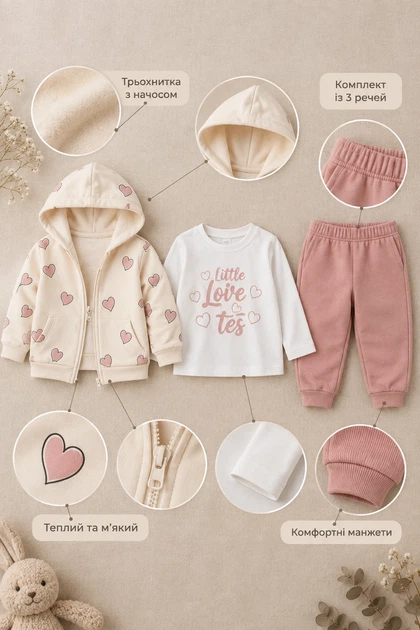 Комплект-тройка теплый «Little Love» Kiddo пудровый 86 см - Фото 3 Комплект-тройка теплый «Little Love» Kiddo пудровый 86 см - изображение 3