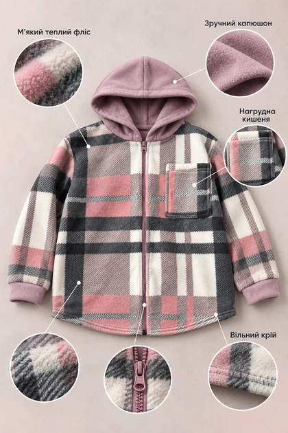 Кофта-рубашка флисовая Cozy Check с капюшоном Kiddo розовый 134 см - изображение 3