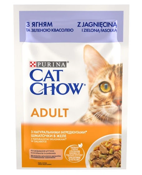 Вологий корм для котів Purina Cat Chow Adult шматочки в желе з ягнятком та зеленою квасолею (26х85г) - Фото 2 Вологий корм для котів Purina Cat Chow Adult шматочки в желе з ягнятком та зеленою квасолею (26х85г) - зображення 2