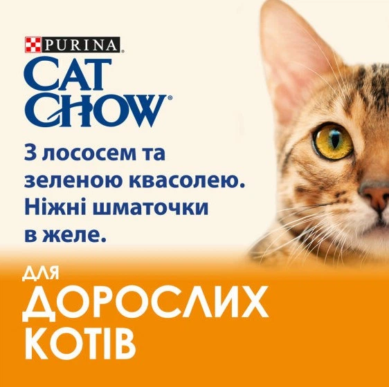 Влажный корм для кошек Purina Cat Chow Adult кусочки в желе с лососем и зеленой фасолью (26х85г) - Фото 2 Влажный корм для кошек Purina Cat Chow Adult кусочки в желе с лососем и зеленой фасолью (26х85г) - изображение 2