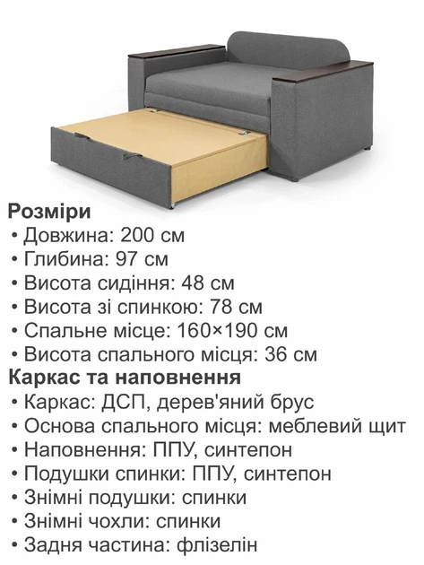 Диван Кубус-160 розмір 180 × 97 см, сірий - зображення 6
