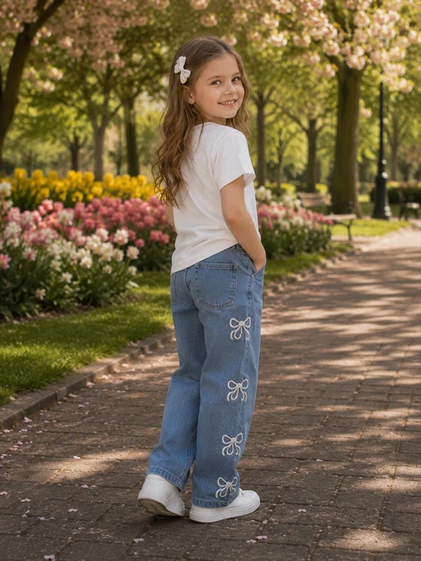 Комплект двойка с джинсами палаццо Denim Bows Kiddo молочный 116 см - изображение 2