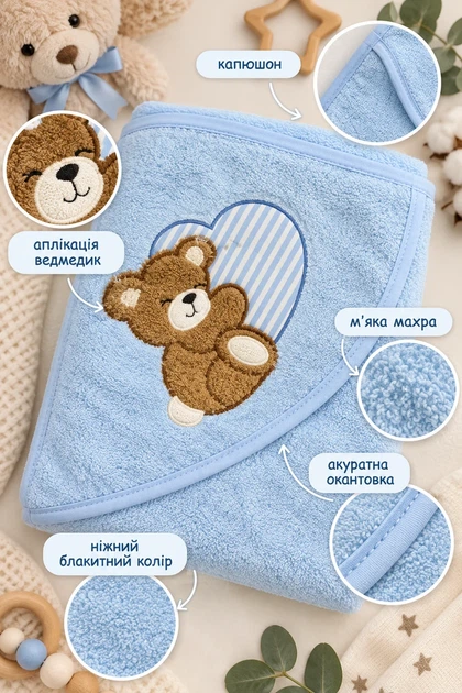 Детское полотенце с капюшоном Teddy Heart Kiddo голубой размер One size - Фото 1 Детское полотенце с капюшоном Teddy Heart Kiddo голубой размер One size - изображение 1