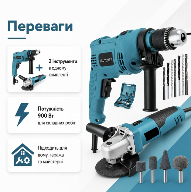 Набор сетевого электроинструмента BOXER BX-7117 2в1 900 Вт Болгарка 125 мм Перфоратор 3 режима с реверсом Сверла и оснастка в кейсе - изображение 4