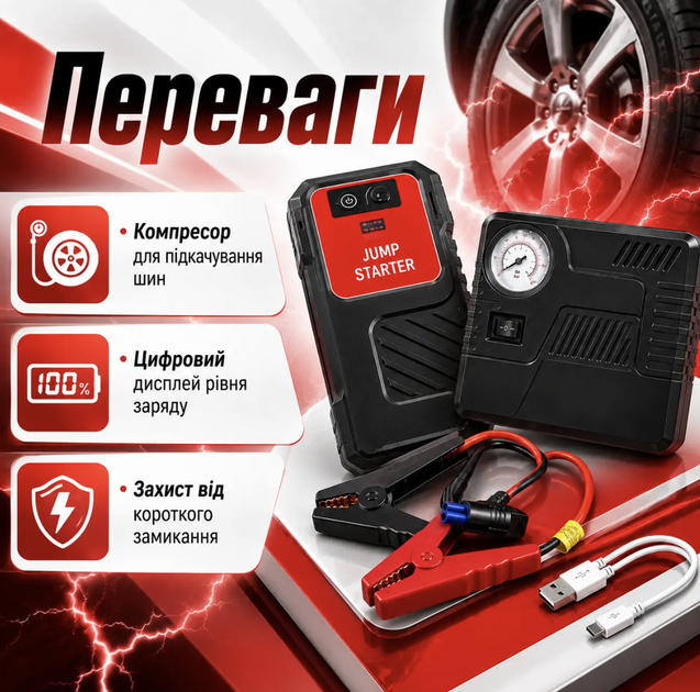 Пуско-зарядний пристрій Jump Starter 69800 mAh 12 В 200 А 600 А з компресором Power Bank LED-ліхтарем USB Type-C Автомобільний бустер для запуску двигуна в кейсі - зображення 4