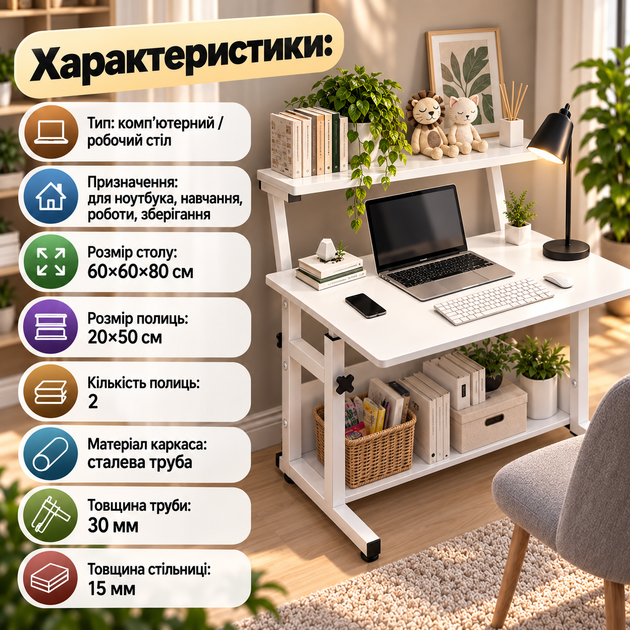 Комп’ютерний стіл 60×60×80 см з підйомним механізмом Полицями колесами Робочий столик для ноутбука дому офісу навчання спальні - зображення 2