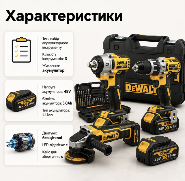 Набор аккумуляторного инструмента DeWalt 3в1 48 В 5 А·ч 2 АКБ Бесщеточная болгарка шуруповерт гайковерт LED Регулировка оборотов в кейсе - изображение 2