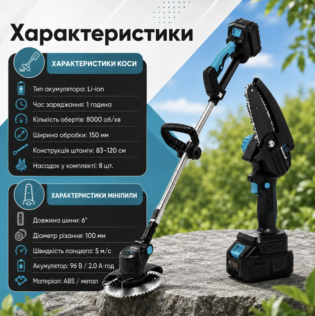 Набір садового акумуляторного інструменту KRAFFTEC KRA-808 2в1 Коса 8000 об/хв + Мініпила 6" 96 В 2 А·год Безщітковий тример для трави та обрізки гілок - Фото 4 Набір садового акумуляторного інструменту KRAFFTEC KRA-808 2в1 Коса 8000 об/хв + Мініпила 6" 96 В 2 А·год Безщітковий тример для трави та обрізки гілок - зображення 4