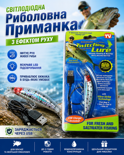 Електронний воблер-приманка Twitching Lure для риболовлі з вібрацією та підсвічуванням, акумуляторний USB - Фото 1 Електронний воблер-приманка Twitching Lure для риболовлі з вібрацією та підсвічуванням, акумуляторний USB - зображення 1