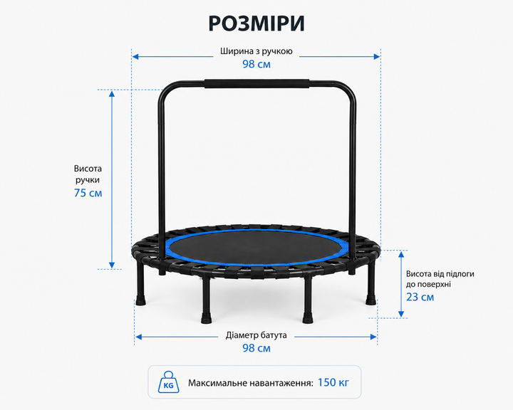 Фітнес-батут з ручкою 98 см, спортивний мінібатут для кардіотренувань до 150 кг - Фото 2 Фітнес-батут з ручкою 98 см, спортивний мінібатут для кардіотренувань до 150 кг - изображение 2