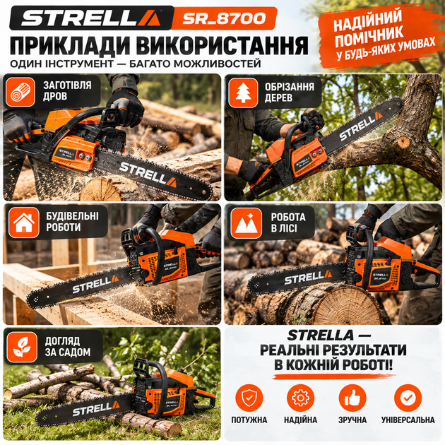 Бензопила STRELLA SR-8700 2,4 кВт с шиной 45 см, бензиновая цепная пила для дров и сада - изображение 5