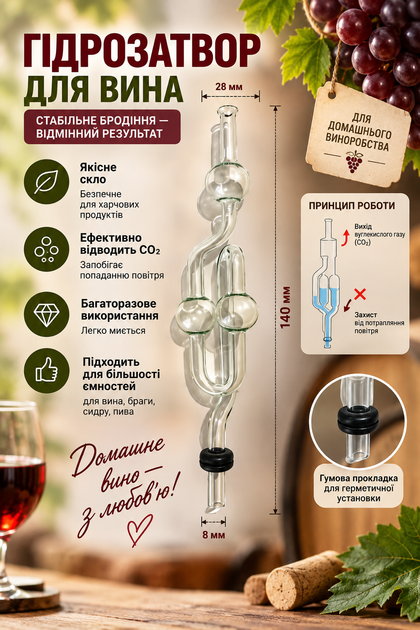 Гідрозатвор двокамерний скляний Діас s-подібний для бродіння вина - Фото 1 Гідрозатвор двокамерний скляний Діас s-подібний для бродіння вина - зображення 1