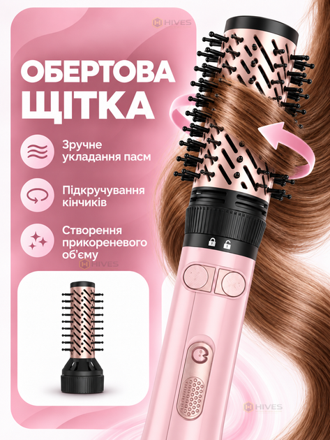 Фен-щітка для волосся 2в1 1200 Вт, фен-браш з обертанням, стайлер для сушіння та укладання, об'єму і локонів, холодний обдув, рожевий - зображення 2