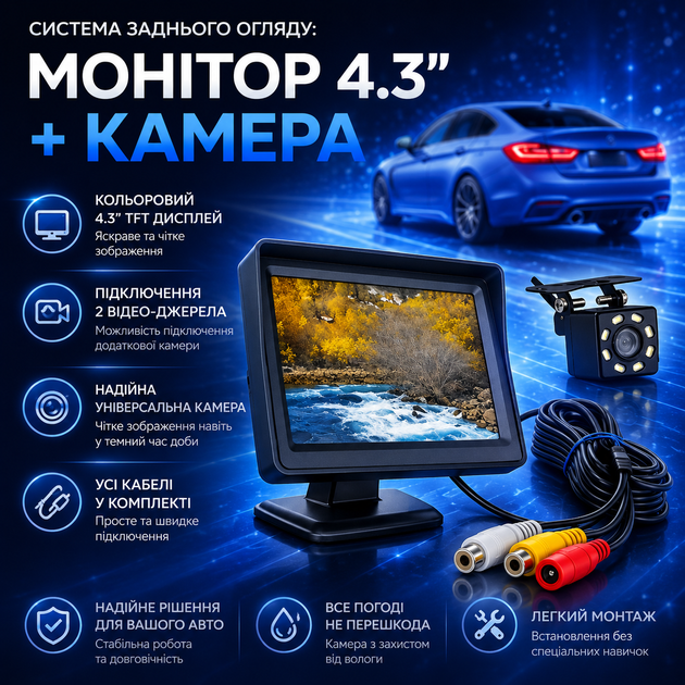 Камера заднього виду з монітором 4.3 LCD 2AV автомобільна паркувальна система комплект паркування кольоровий дисплей CCD дротова 12V універсальна відеокамера на панель для авто - зображення 2