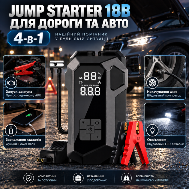 Пусковое устройство JUMP STARTER 18B 4в1 2000 А автомобильный бустер 16000 мА·ч для запуска двигателя 12 В с компрессором Power Bank LED фонариком цифровым дисплеем и пусковыми кабелями - изображение 4