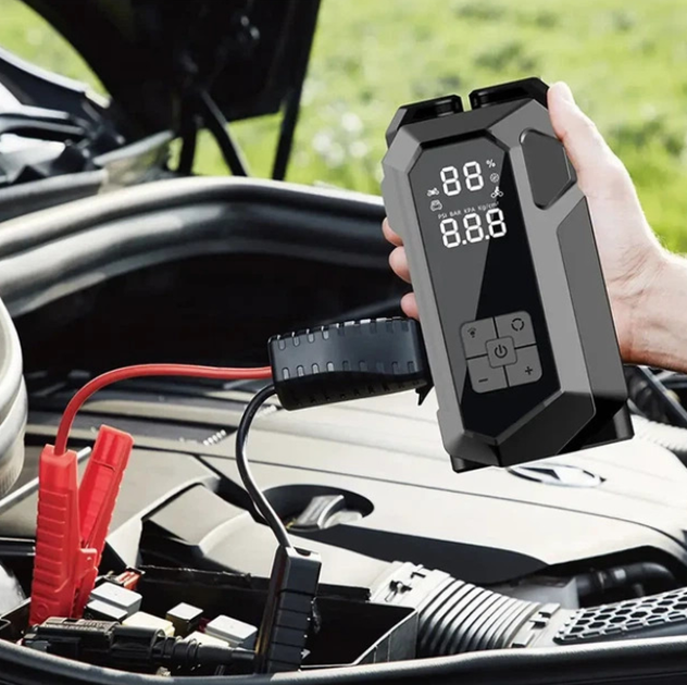 Пусковое устройство JUMP STARTER 18B 4в1 2000 А автомобильный бустер 16000 мА·ч для запуска двигателя 12 В с компрессором Power Bank LED фонариком цифровым дисплеем и пусковыми кабелями - изображение 9