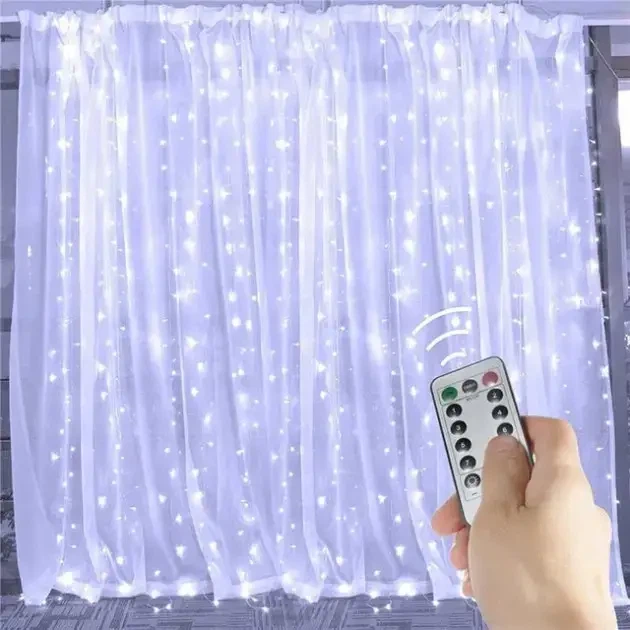 Гірлянда-штора Роса LED з пультом 3*3 м, 8 режимів світіння, Крапля Роси, Холодний/Білий колір - Фото 4 Гірлянда-штора Роса LED з пультом 3*3 м, 8 режимів світіння, Крапля Роси, Холодний/Білий колір - зображення 4