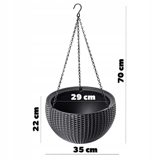 Горшок для растений пластиковый 8,6 л антрацит Rattan hanging sphere с цепками - изображение 8