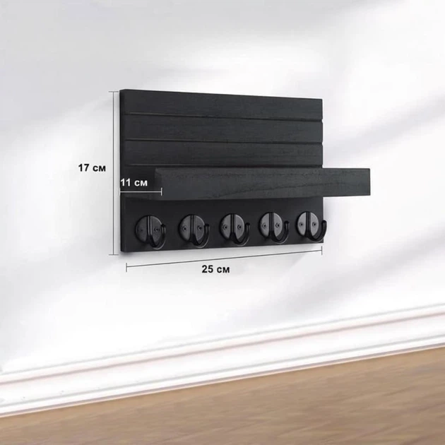 Деревянный ключник с полкой и 5 крючками KeyShelf, черный - изображение 5
