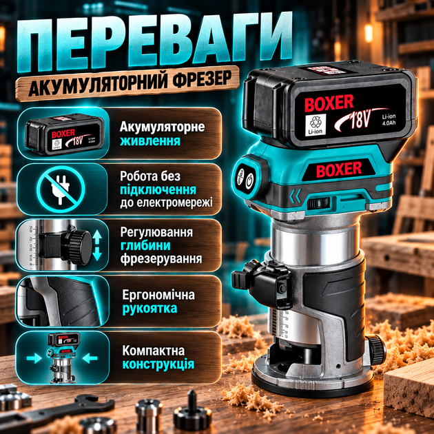 Акумуляторний фрезер BOXER BX-216 18 В 30000 об/хв 3,0 А·год з регулюванням глибини для дерева фанери МДФ ДСП пазів крайок фасок - зображення 2