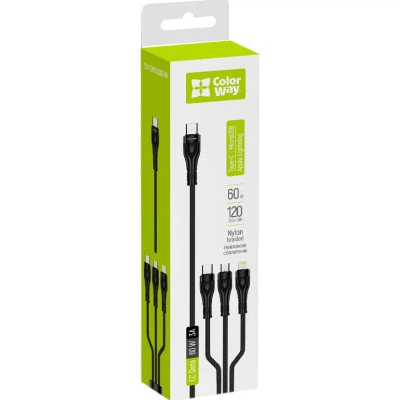 Дата кабель USB-C to Lightning + Micro 5P + USB-C 1.2m 3.0A (PD60W data) Black ColorWay (CW-CBPDU3060-BK) - Фото 3 Дата кабель USB-C to Lightning + Micro 5P + USB-C 1.2m 3.0A (PD60W data) Black ColorWay (CW-CBPDU3060-BK) - зображення 3