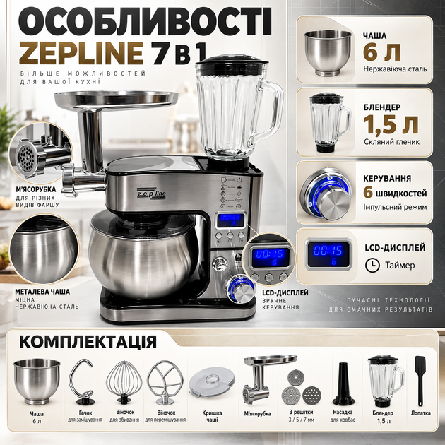 Планетарный миксер Zepline 4200 Вт кухонная машина 7в1 с чашей 6 л тестомес 6 скоростей с мясорубкой и блендером 1,5 л комбайн с LCD дисплеем таймером венчиками насадками - изображение 2