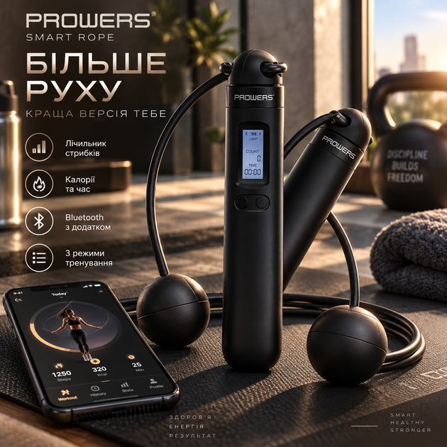 Умная скакалка PROWERS Smart Rope, беспроводная со счётчиком прыжков и калорий, Bluetooth, 3 режима тренировки, чёрная - Фото 1 Умная скакалка PROWERS Smart Rope, беспроводная со счётчиком прыжков и калорий, Bluetooth, 3 режима тренировки, чёрная - изображение 1