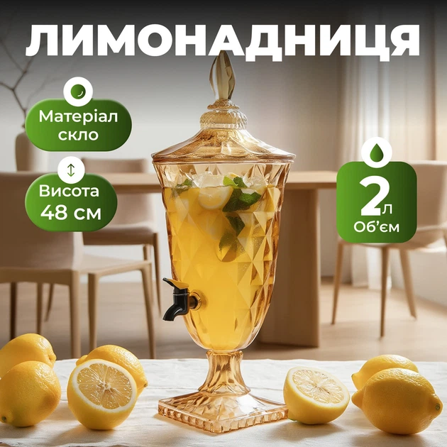 Лимонадница стеклянная с крышкой 2 л с краником на квадратной ножке с рельефом колотого льда компактная для барной стойки и кухни под соки компоты и воду с фруктами Янтарный - Фото 1 Лимонадница стеклянная с крышкой 2 л с краником на квадратной ножке с рельефом колотого льда компактная для барной стойки и кухни под соки компоты и воду с фруктами Янтарный - изображение 1
