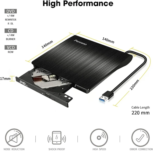 Внешний DVD-RW привод Pecosso USB 3.0, CD/DVD дисковод для ноутбука и ПК, черный - изображение 3