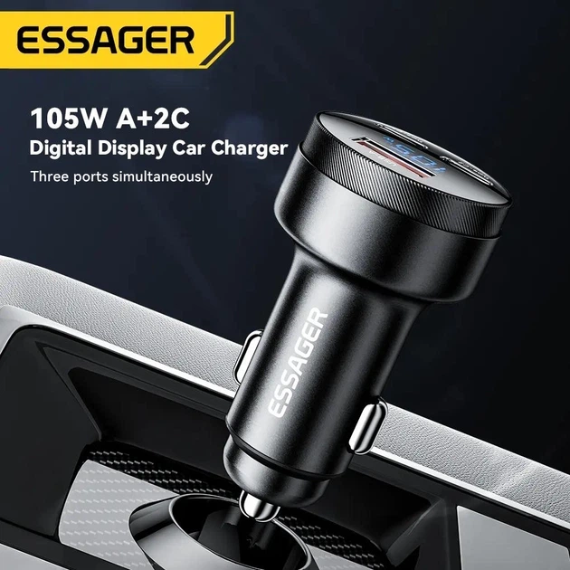 Автомобільний зарядний пристрій ESSAGER 105W QC3.0+PD3.0 Type-C в прикурювач авто на 3 виходи з дисплеєм та вольтметром - Фото 6 Автомобільний зарядний пристрій ESSAGER 105W QC3.0+PD3.0 Type-C в прикурювач авто на 3 виходи з дисплеєм та вольтметром - зображення 6