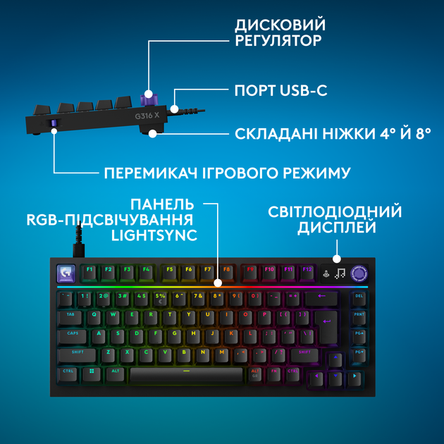 Клавиатура проводная Logitech G316 X 75 TKL RGB USB Black (L920-014291) - Фото 10 Клавиатура проводная Logitech G316 X 75 TKL RGB USB Black (L920-014291) - изображение 10