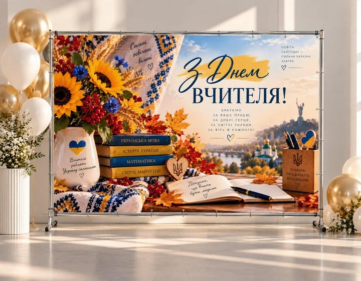 Баннер ко Дню Учителя "С днем учителя. Символика" размер 2х3м. С люверсами. - Фото 2 Баннер ко Дню Учителя "С днем учителя. Символика" размер 2х3м. С люверсами. - изображение 2