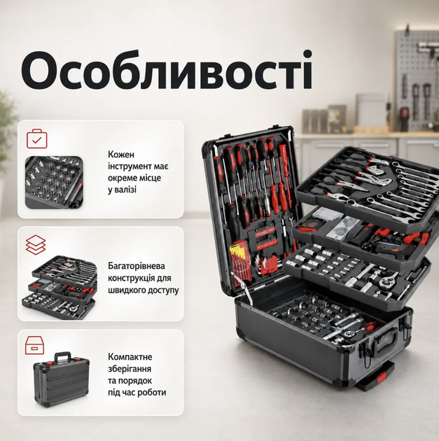 Набір ручного інструменту Rainberg RB-001 399 предметів Ключі головки біти викрутки плоскогубці молоток рулетка тестер Комплект у валізі на колесах - зображення 2